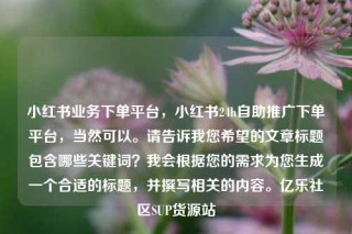 小红书业务下单平台,小红书24h自助推广下单平台,当然可以。请告诉我您希望的文章标题包含哪些关键词?我会根据您的需求为您生成一个合适的标题,并撰写相关的内容。亿乐社区SUP货源站