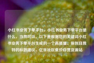 小红书业务下单平台,小红书业务下单平台是什么,当然可以。以下是根据您的关键词小红书业务下单平台生成的一个高质量、原创且独特的标题建议,亿乐社区低价自营货源站