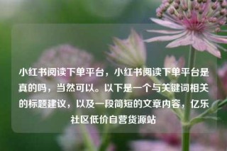 小红书阅读下单平台,小红书阅读下单平台是真的吗,当然可以。以下是一个与关键词相关的标题建议,以及一段简短的文章内容,亿乐社区低价自营货源站